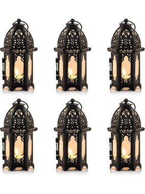 6 Pcs Hexagon Hanging Candle Holders - Moroccan Glass Lantern Centerpiece Decor